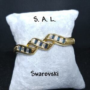 Vintage Swarovski SAL Hinged Bracelet Blue Clear Baguette Gold Tone